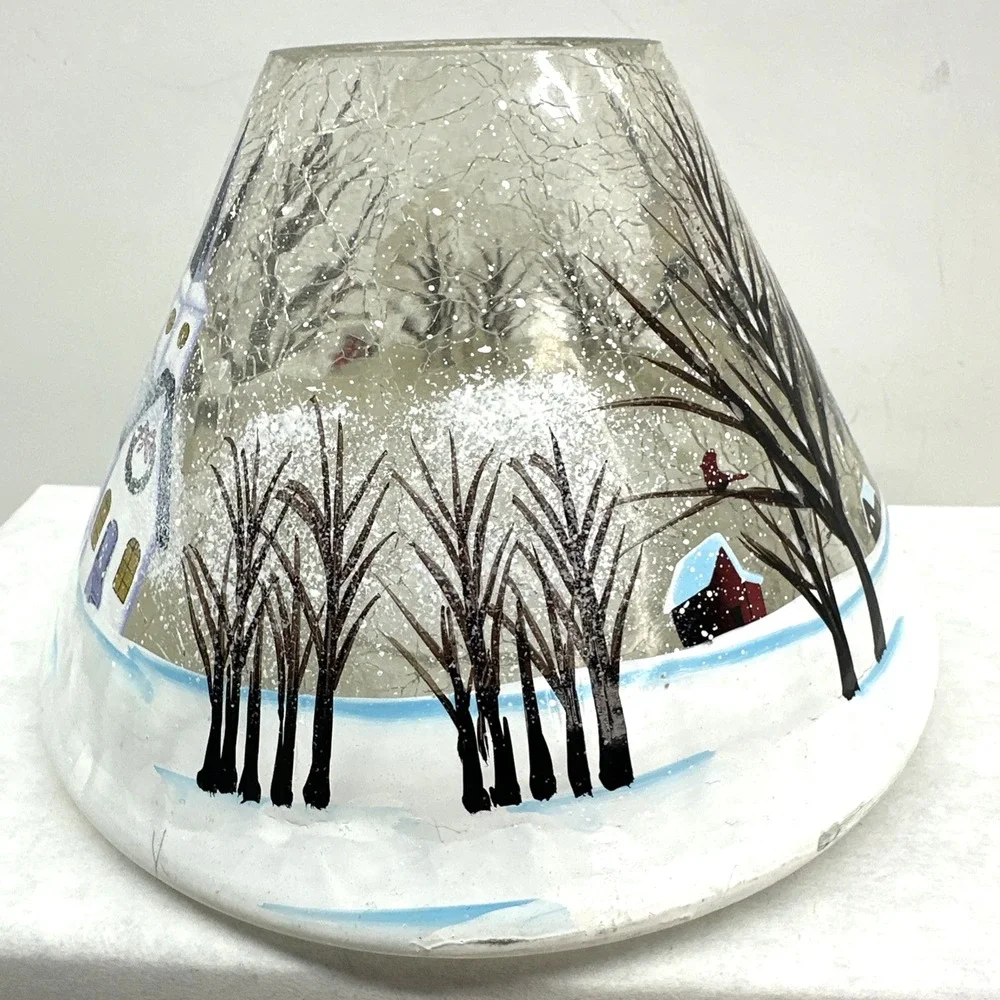 Yankee Candle Crackle Glass Shade Topper Round Plate Winter Snow Chapel Church